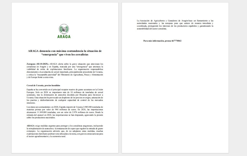 Apoya la agricultura española, frente a la variación de aranceles (UE) que destruye el campo español – Difunde la nota de prensa de ARAGA